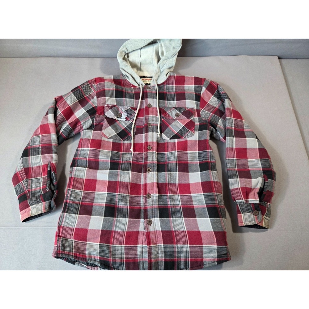 Wrangler Jacket Mens Small Red Black Plaid Thick Flannel Hooded Outdoor Workwear